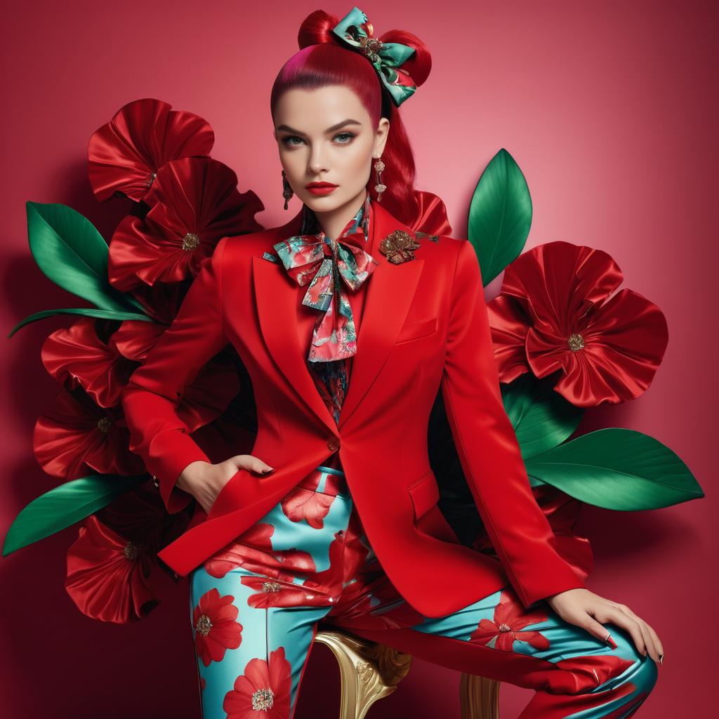 Model in Red Blazer and Floral Trousers