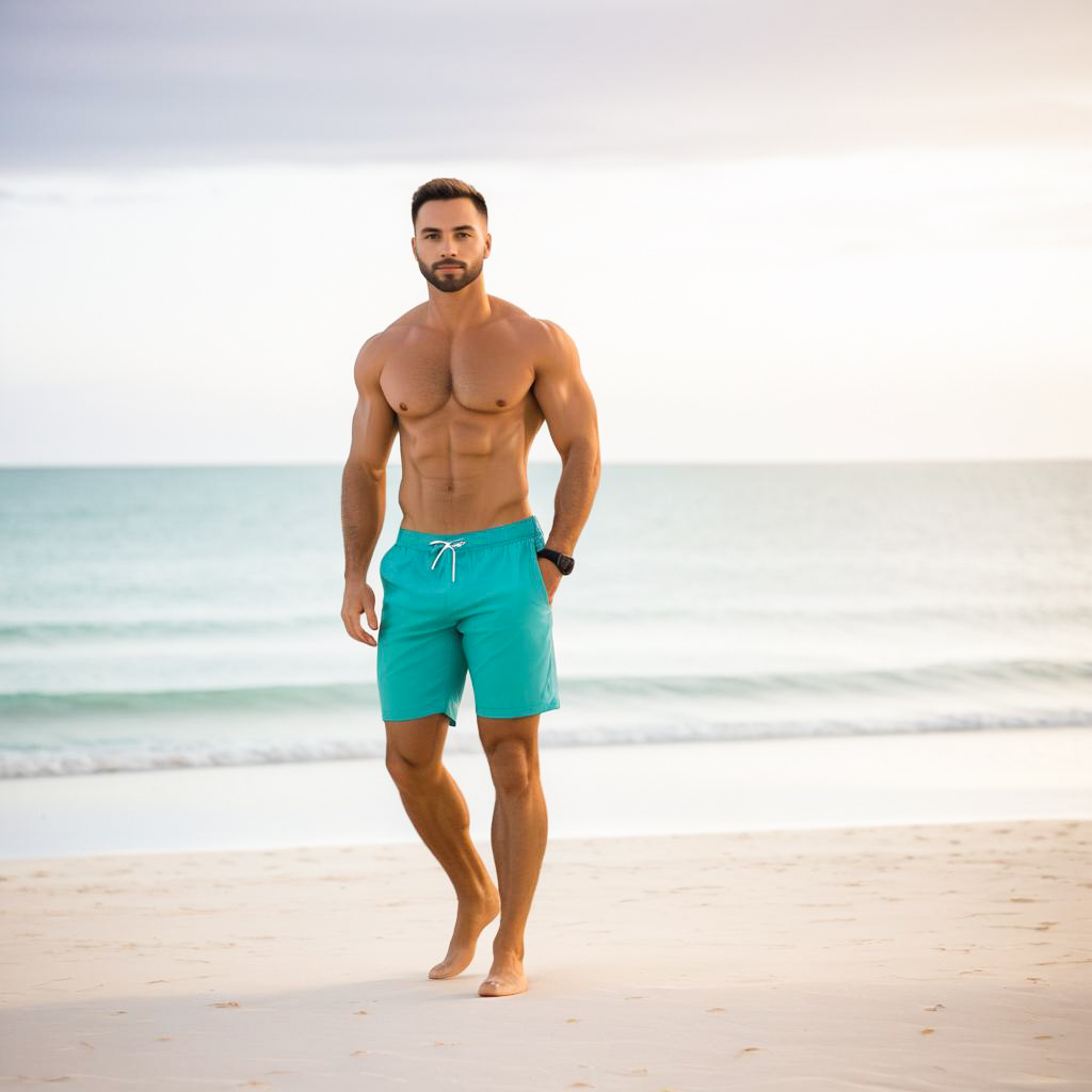 Muscular Man Walking on Beach