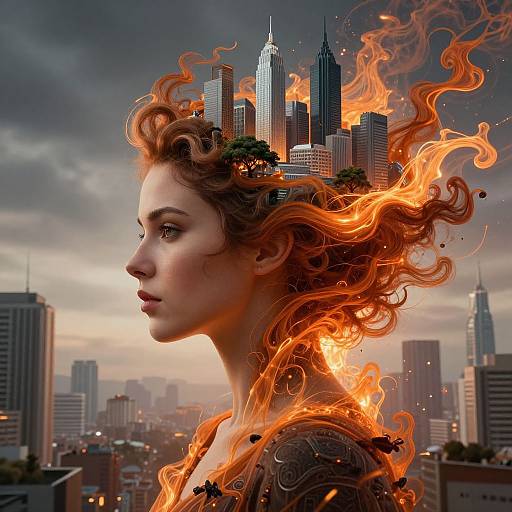 Surreal Woman with Fiery Hair Transforming into Cityscape Digital Art