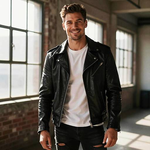 Young Man in Black Leather Jacket Smiling Indoors with Natural Light