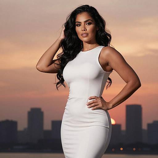 Confident Woman in White Dress Posing at Urban Sunset