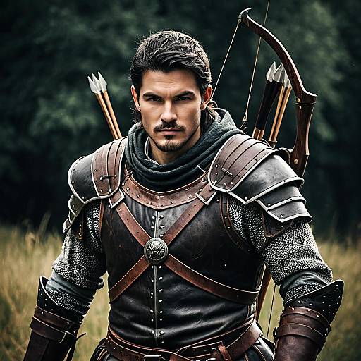 Medieval Archer Man in Leather Armor with Bow and Arrows Outdoors