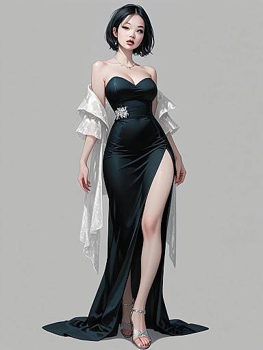 Elegant Woman in Strapless Black Evening Gown with High Slit - Realistic Digital Artwork