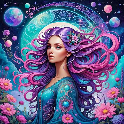 Mystical Woman with Flowing Purple Hair and Cosmic Background Digital Art