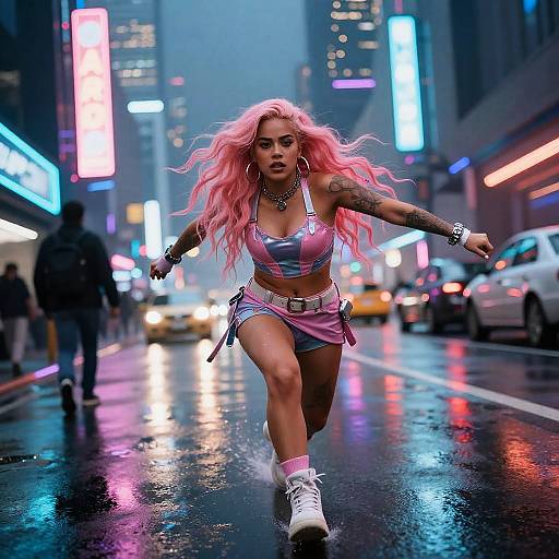 Dynamic Woman Running on Neon-Lit Urban Street with Pink Hair