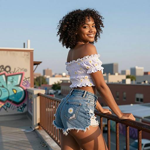 Smiling Woman in Daisy Print Outfit on Urban Rooftop - Gen Z Style