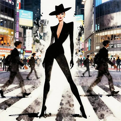 Fashion Illustration of Woman in Black Outfit Walking at Urban Crosswalk