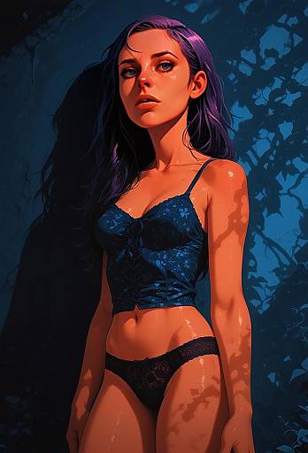 Stylized Digital Art of Woman in Blue Lingerie with Purple Hair