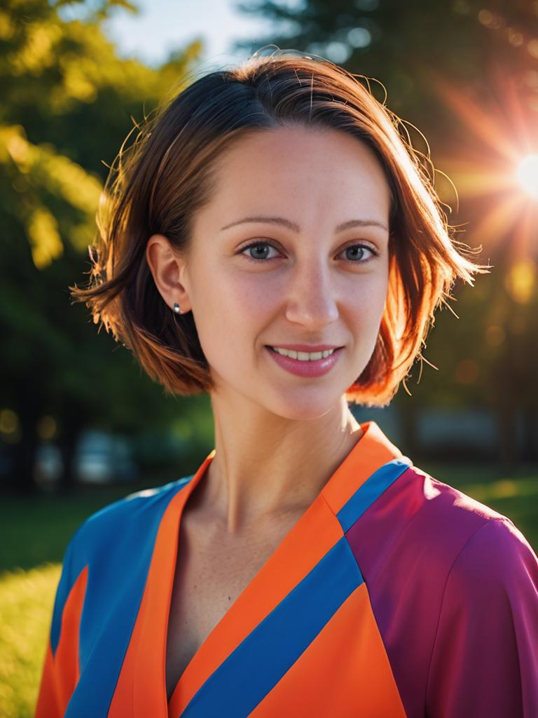 Woman Smiling in Sunset with Colorful Blouse