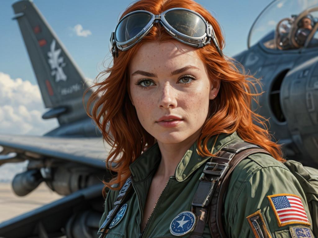 Confident Redhead Pilot Portrait with Fighter Jet