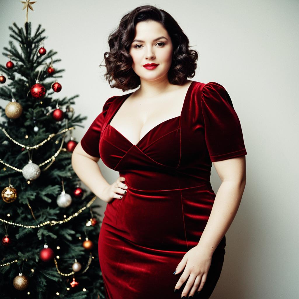 Elegant Woman in Red Velvet Dress by Christmas Tree Holiday Portrait