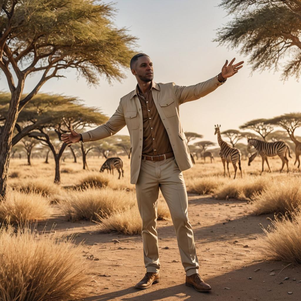 Man in Safari Attire Posing in African Savanna