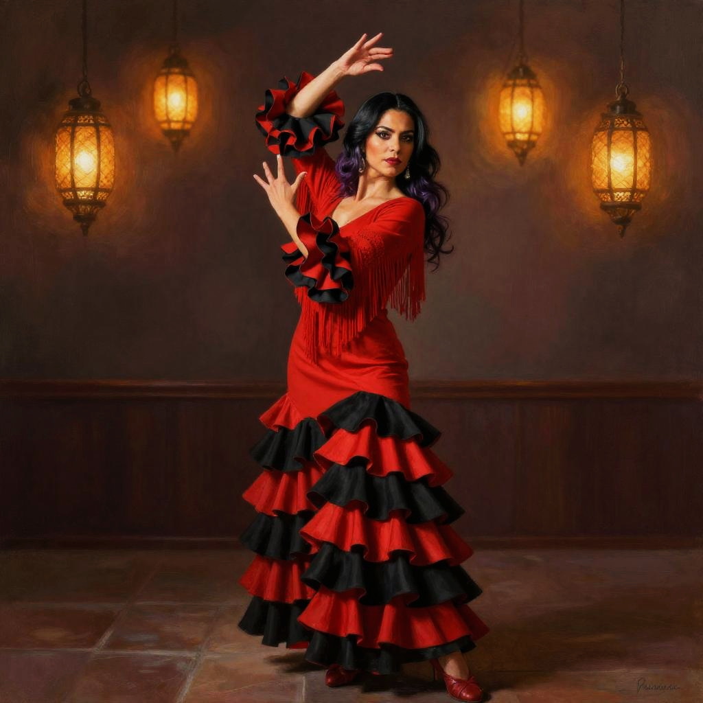 Elegant Woman Dancing Flamenco in Red and Black Dress with Lanterns