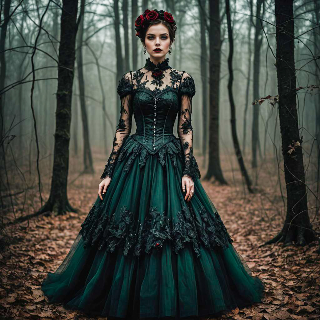 Woman in Gothic Victorian Dress in Misty Forest