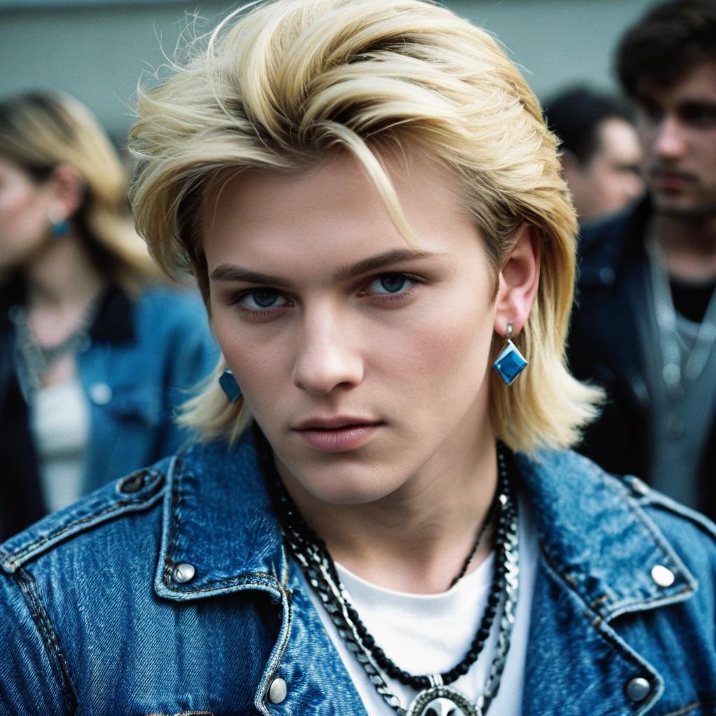 Blonde Male in Glam Rock Costume with Jewelry and Denim Jacket