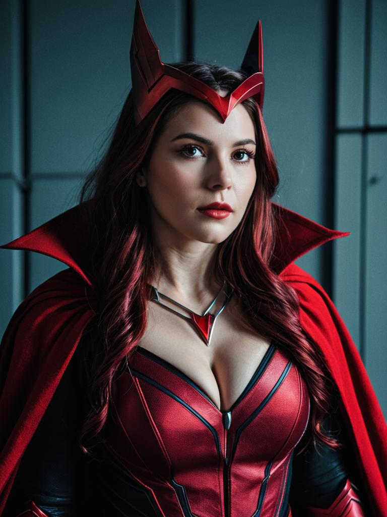 Woman in Scarlet Witch Superhero Cosplay Costume - Cinematic Realism