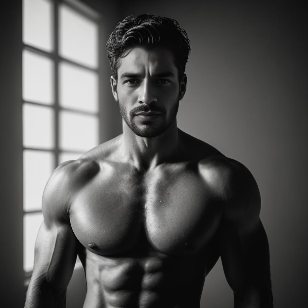 Black and White Portrait of Muscular Man by Window