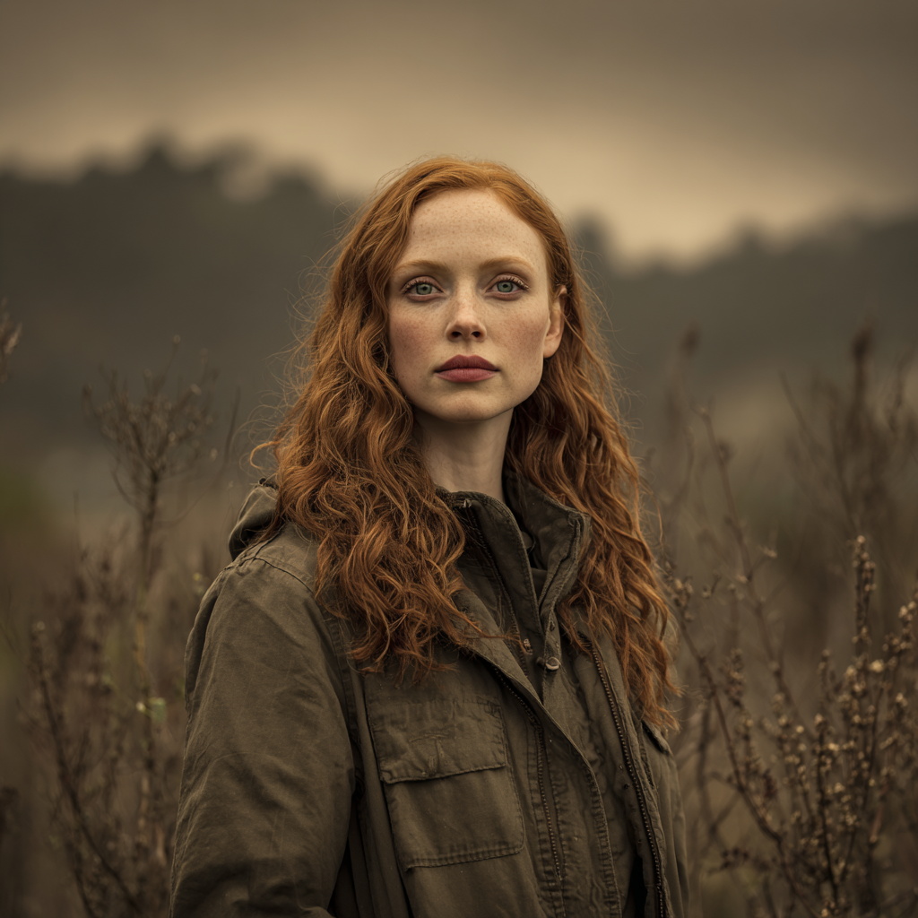 Woman with Red Hair in Olive Jacket Outdoors Woman with Red Hair in Olive Jacket Outdoors