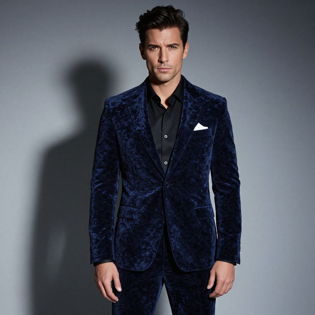 Stylish Man in Deep Blue Velvet Suit with Black Shirt