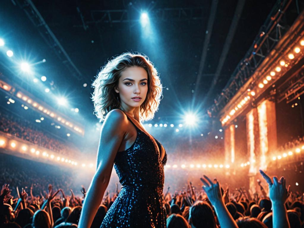 Stunning woman at concert with dazzling lights and fans