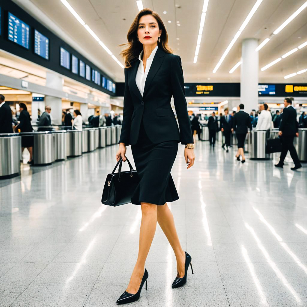 Confident Woman in Black Suit at Airport