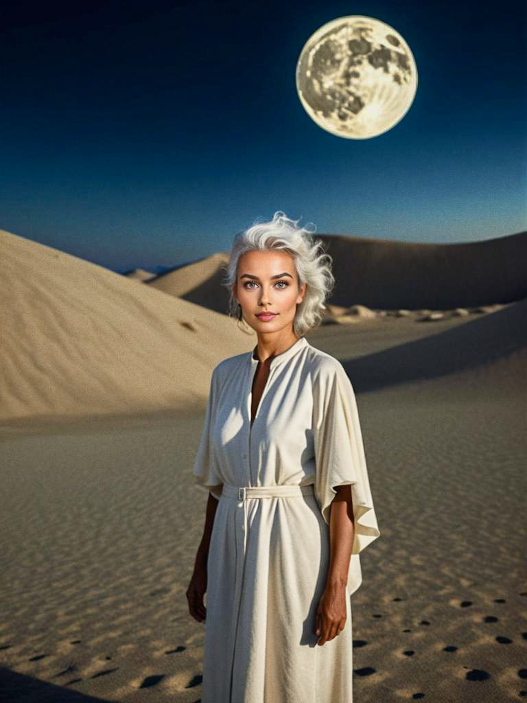 Woman in White Robe Under Full Moon in Desert