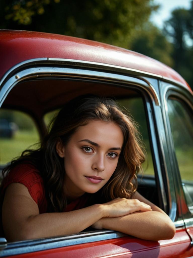 Woman in Red Vintage Car Surrounded by Greenery