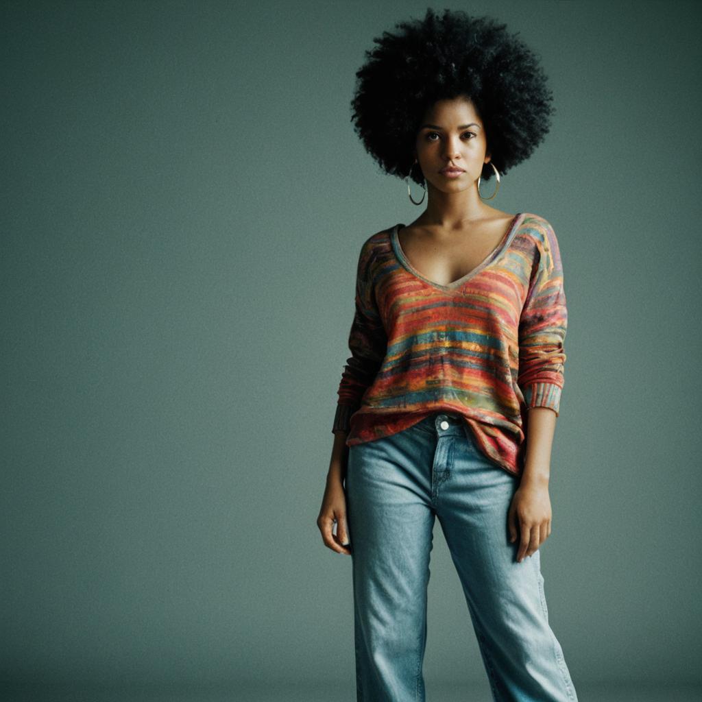 Confident Woman Wearing Colorful Sweater and Jeans Against Green Background
