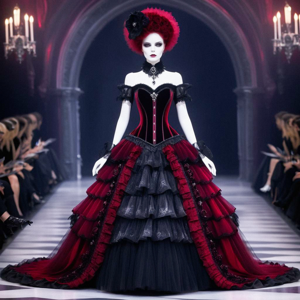 Gothic Fashion Model in Red and Black Gown