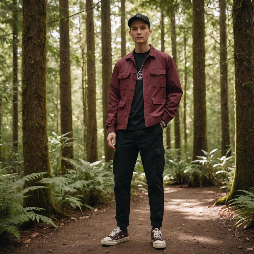 Confident Man in Forest - Maroon Jacket