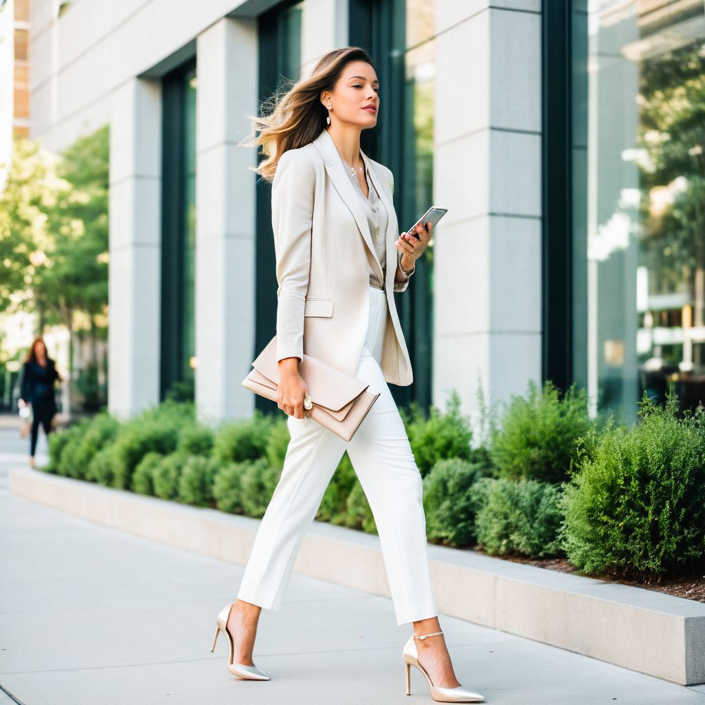 Stylish Woman in Beige Blazer on City Sidewalk