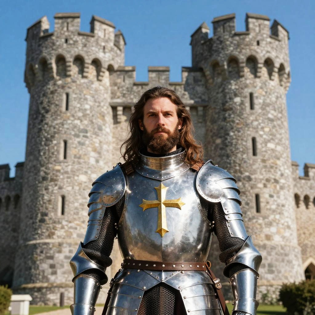 Medieval Knight in Armor with Golden Cross Standing by Stone Castle