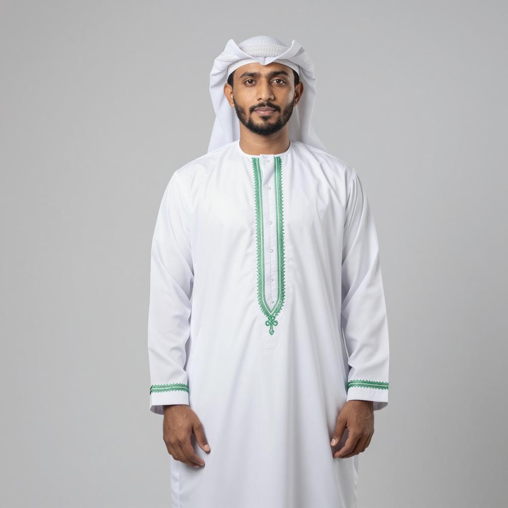 Man Wearing Traditional White Kandura with Green Embroidery and Ghutra