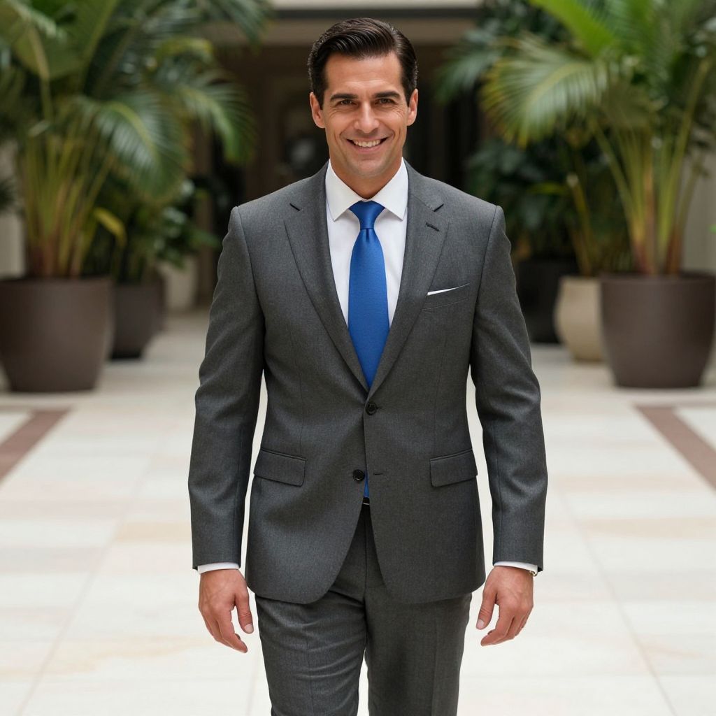 Confident Businessman in Grey Suit With Blue Tie Walking Indoors