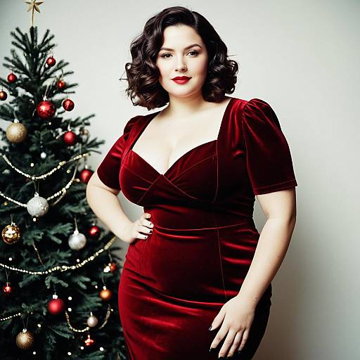 Elegant Woman in Red Velvet Dress by Christmas Tree Holiday Portrait