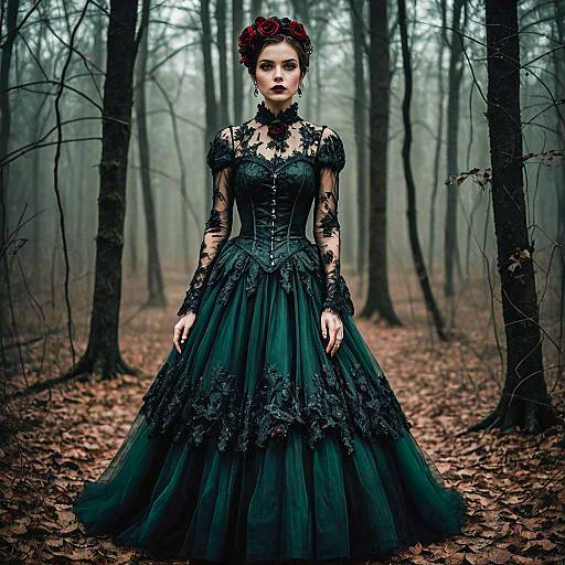 Woman in Gothic Victorian Dress in Misty Forest