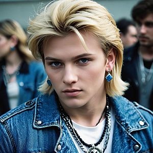 Blonde Male in Glam Rock Costume with Jewelry and Denim Jacket