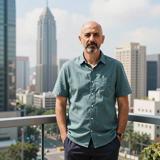 Middle-Aged Man on Balcony with Urban Skyline Background