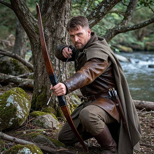 Medieval Archer Man Aiming with Longbow in Forest by River