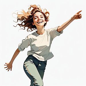 Joyful Woman Pointing Forward in Modern Illustration