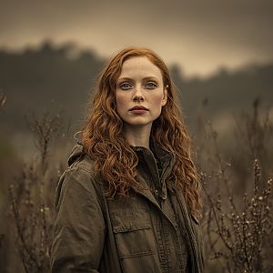 Woman with Red Hair in Olive Jacket Outdoors