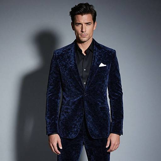 Stylish Man in Deep Blue Velvet Suit with Black Shirt