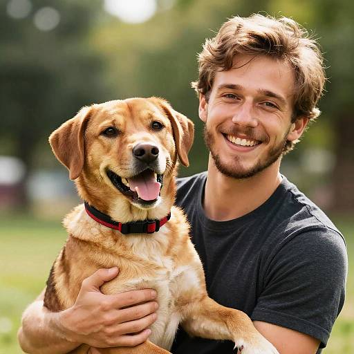 Young Man Hugging Happy Golden-Brown Dog Outdoors