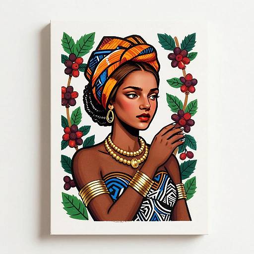 African Woman Portrait with Traditional Headwrap and Jewelry Illustration