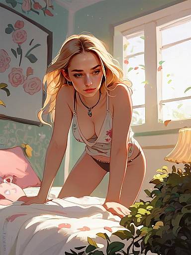 Digital Illustration of Woman in Floral Room with Soft Sunlight