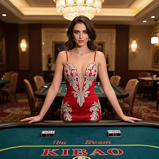 Elegant Woman in Red Dress at KIBAO Casino Table