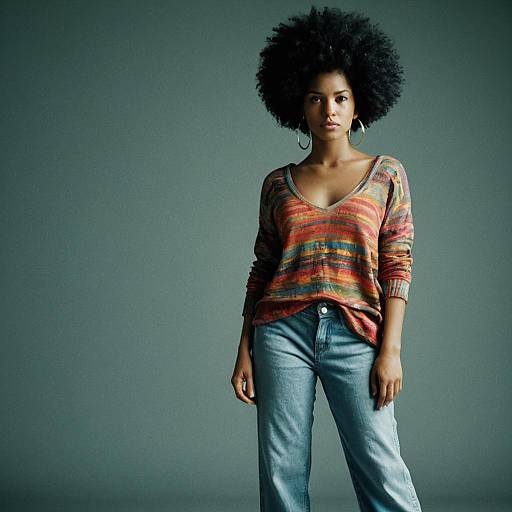 Confident Woman Wearing Colorful Sweater and Jeans Against Green Background