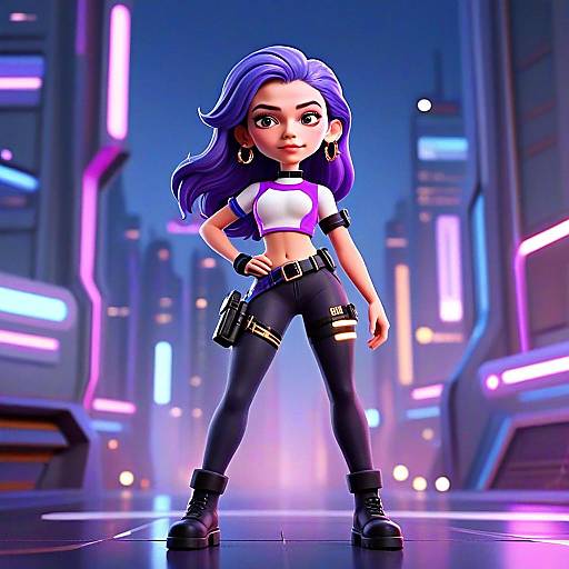 Cyberpunk Style 3D Animated Woman with Purple Hair in Futuristic City