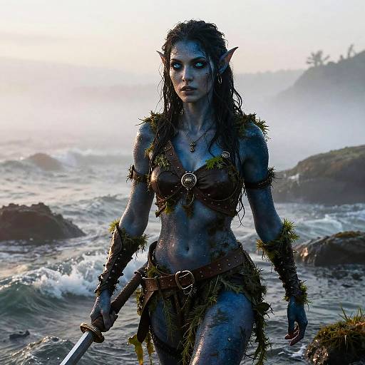 Fantasy Elf Warrior Woman with Sword in Coastal Waters