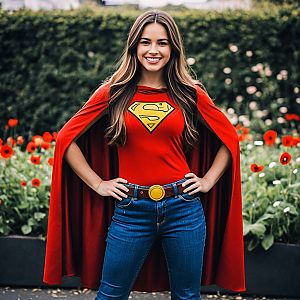 Confident Woman in Red Superhero Costume Outdoors